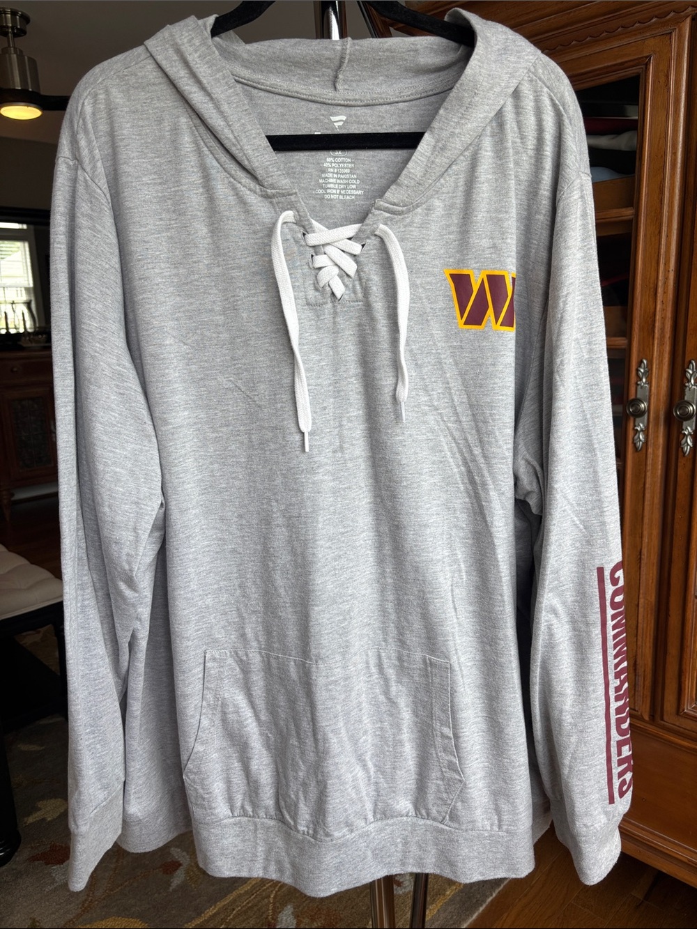 Fanatics Washington Commanders Gray T-Shirt Hoodie with White Lace-Up Drawcords